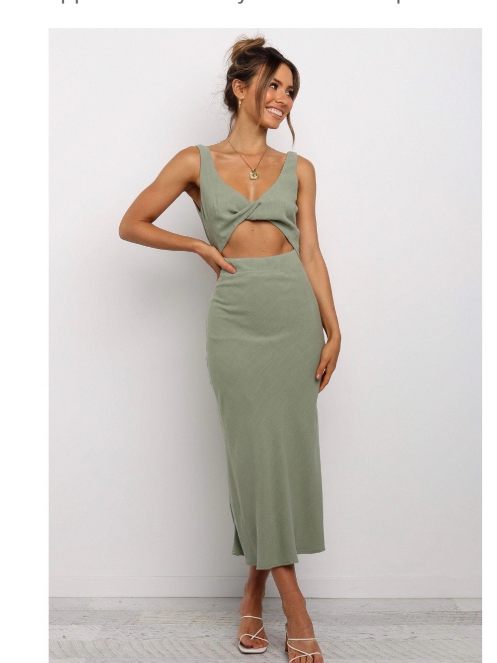 Petal & Pup Sage Green Twist Cutout Midi Dress